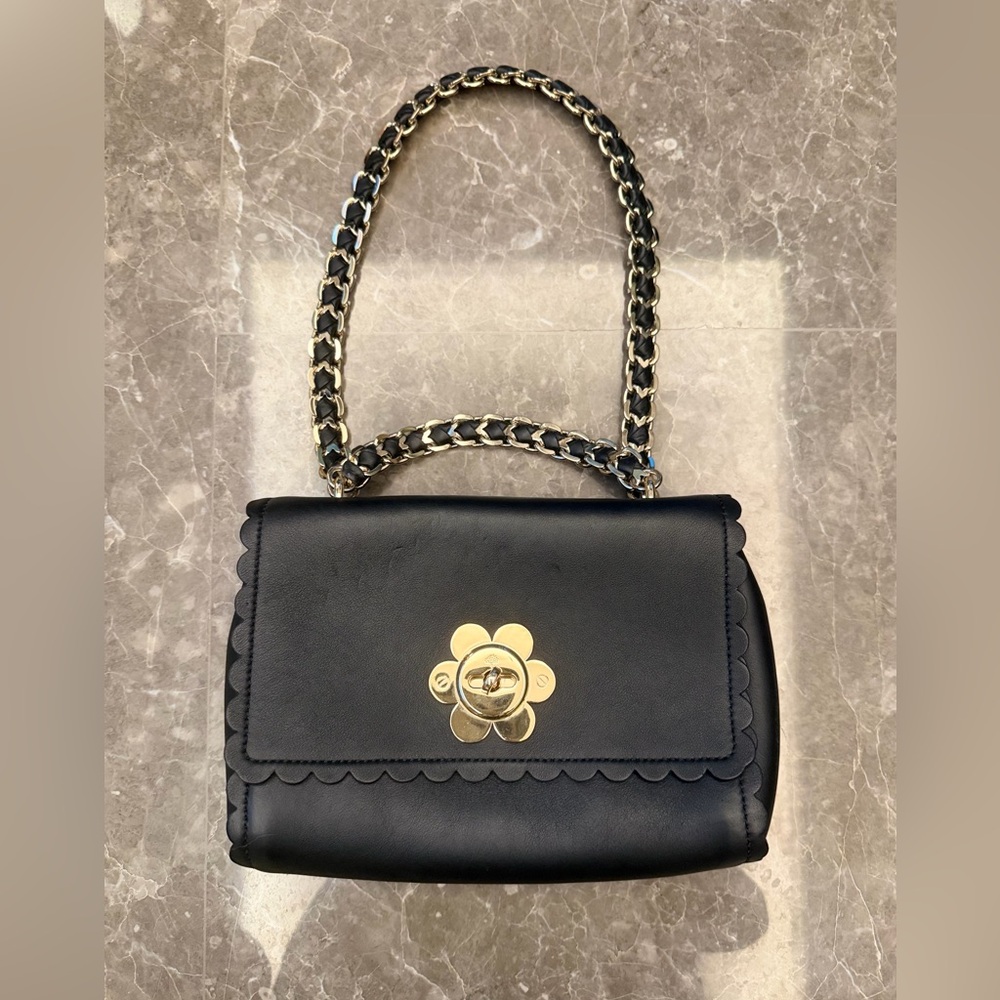 Mulberry Black Scalloped Leather Shoulder Bag with Gold Flower Lock